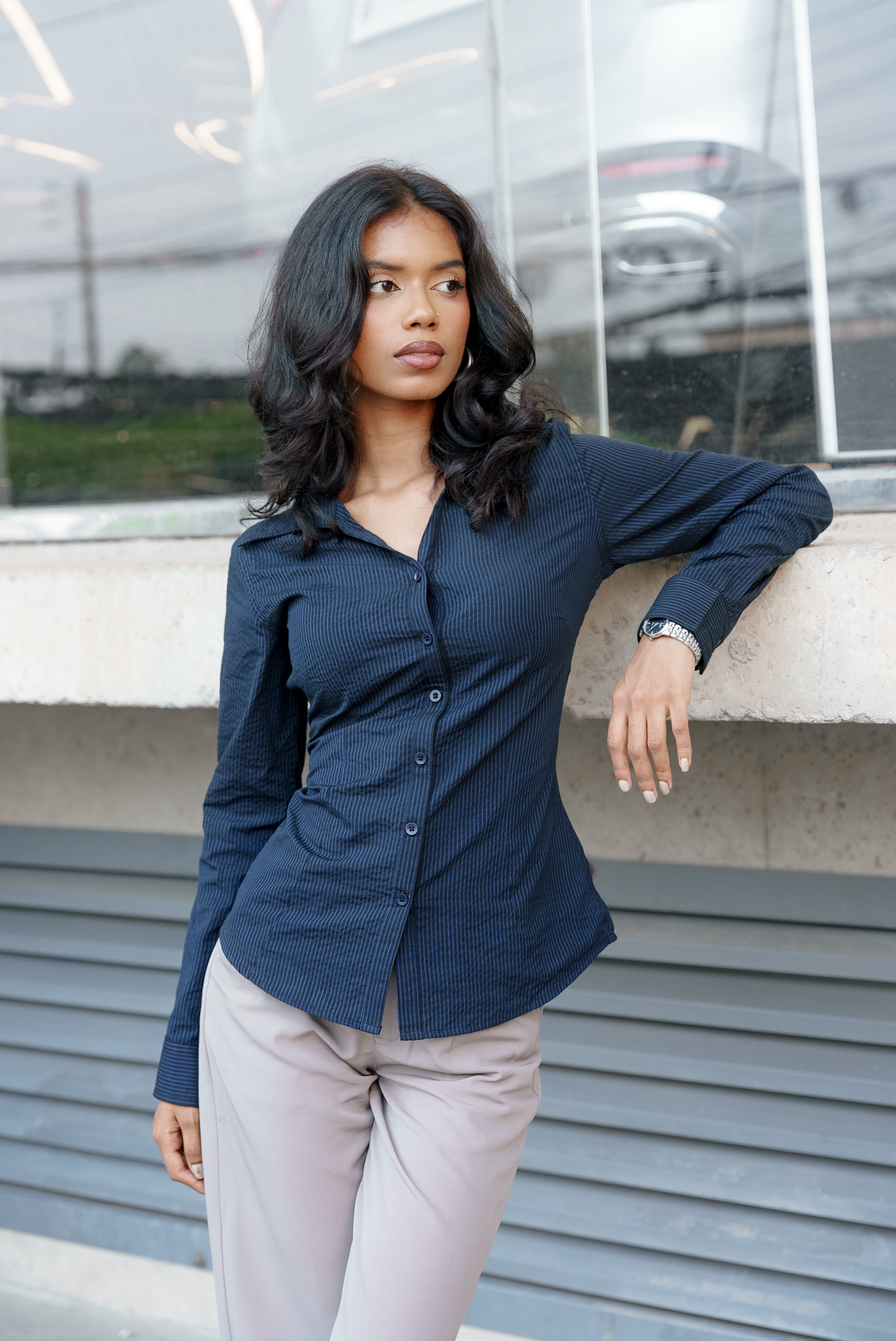 Fitted Shirt For Women - Navy and Black Pinstripe