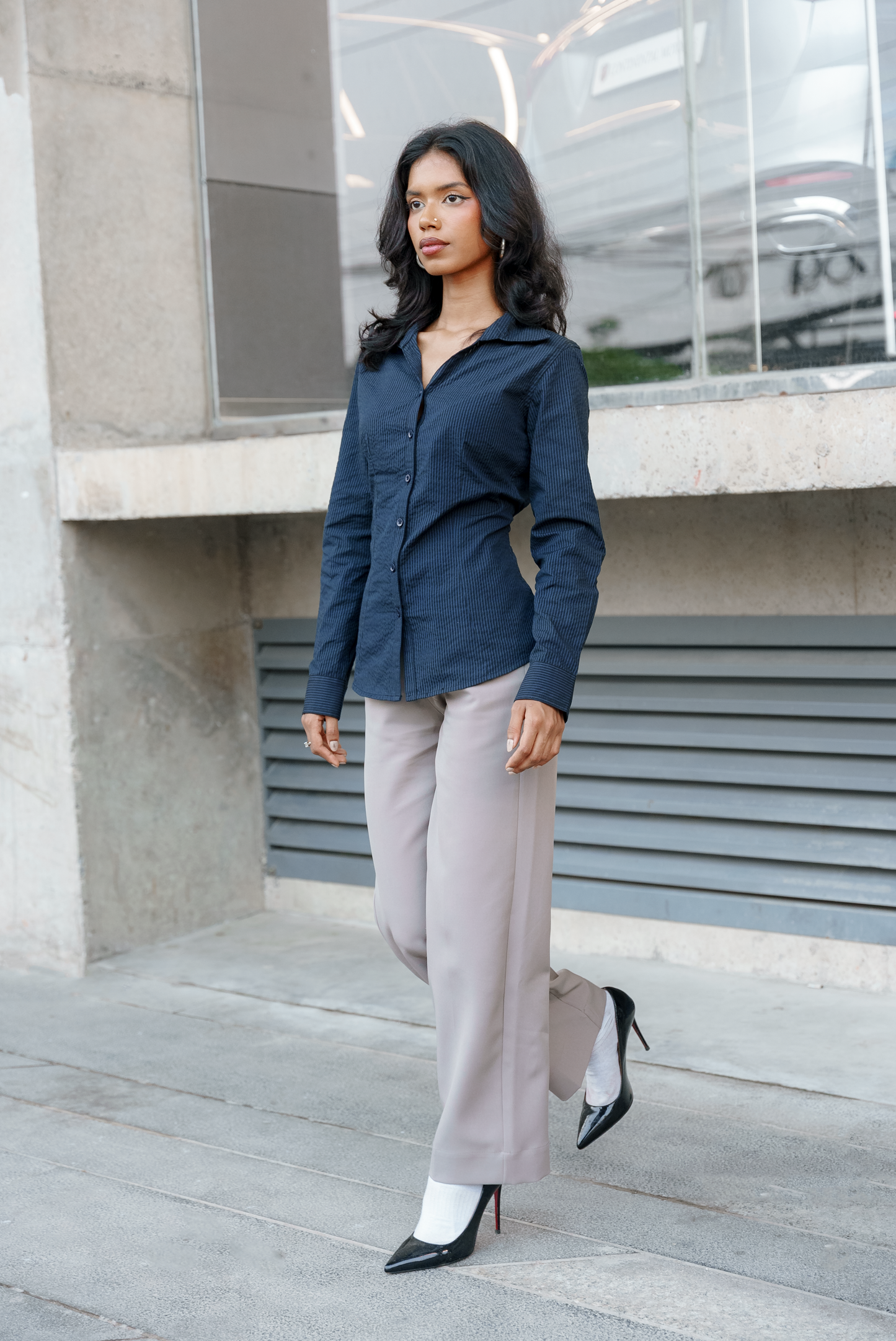 Fitted Shirt For Women - Navy and Black Pinstripe