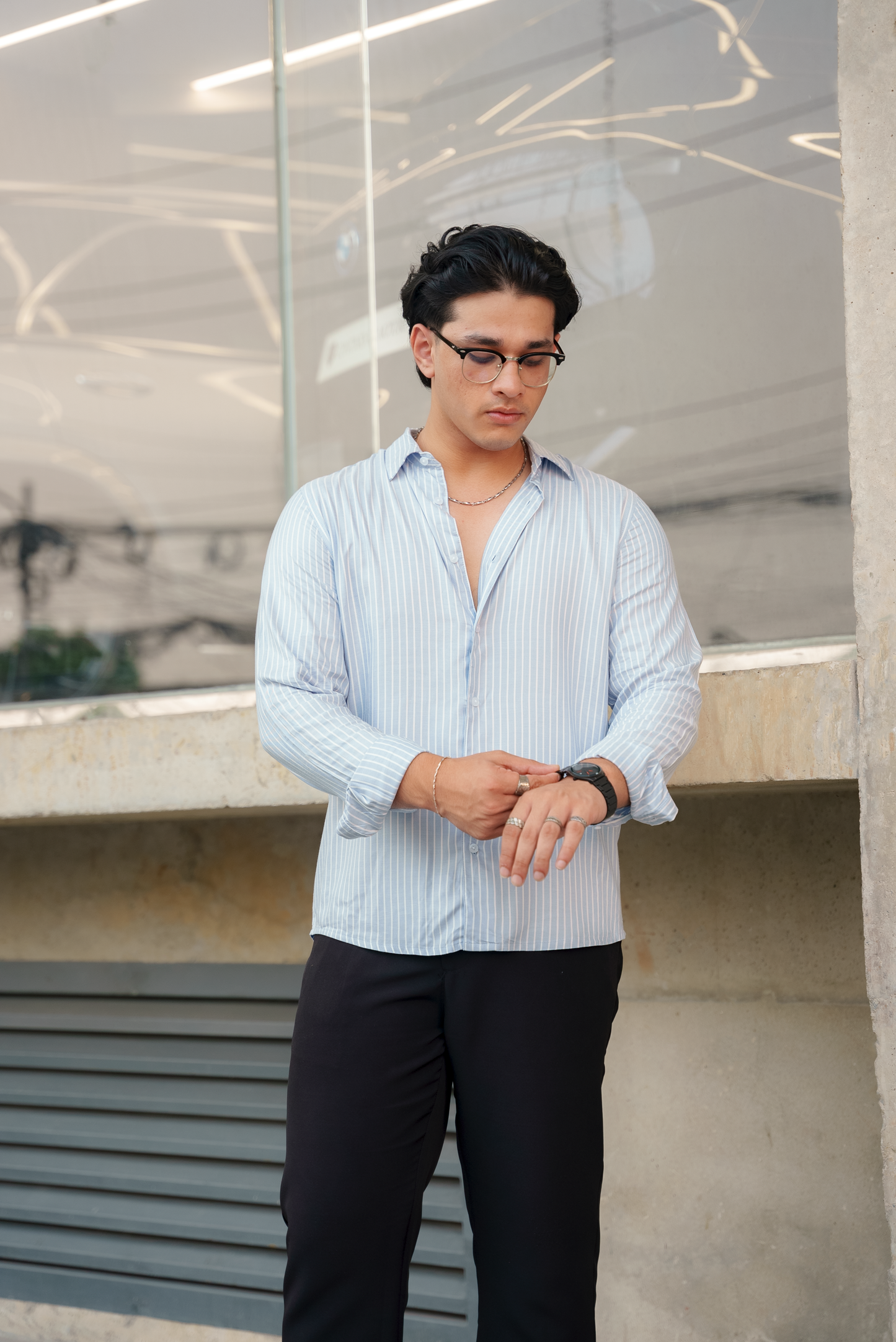 Light Blue Stripe Long Sleeve Shirt For Men