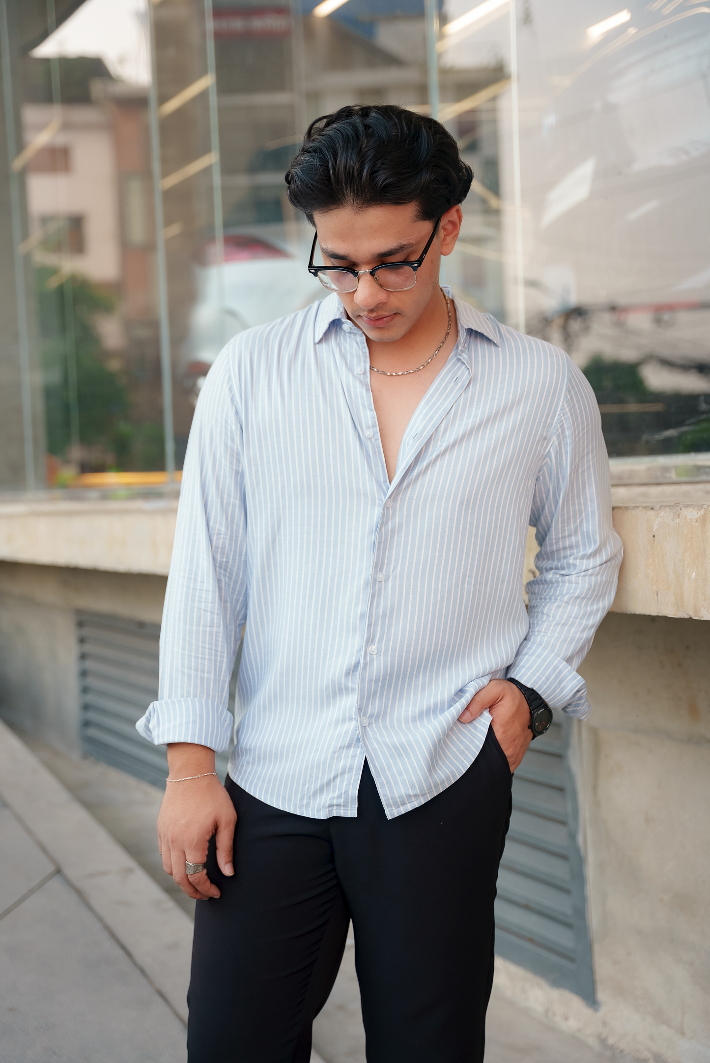 Light Blue Stripe Long Sleeve Shirt For Men