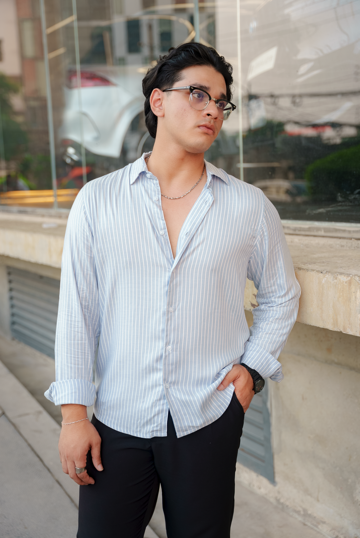 Light Blue Stripe Long Sleeve Shirt For Men