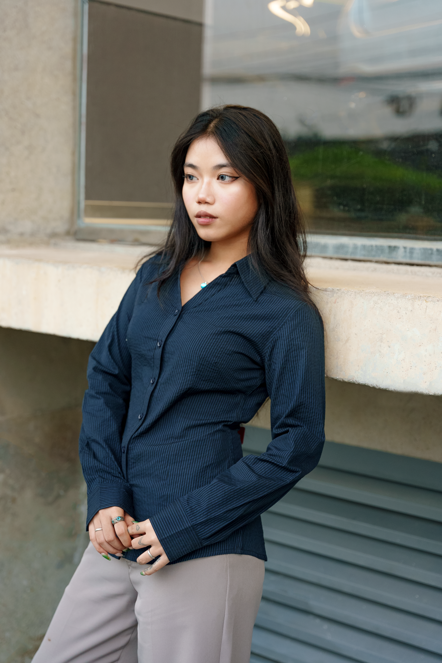 Fitted Shirt For Women - Navy and Black Pinstripe