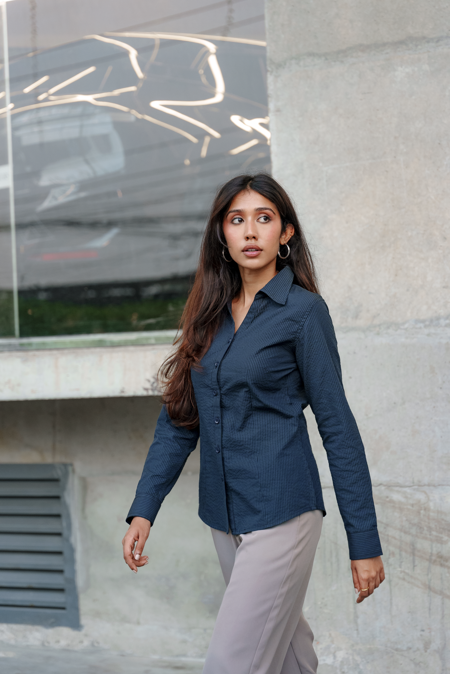 Fitted Shirt For Women - Navy and Black Pinstripe