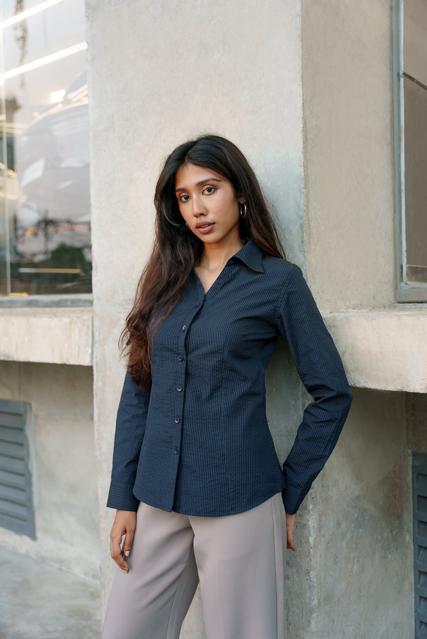 Fitted Shirt For Women - Navy and Black Pinstripe