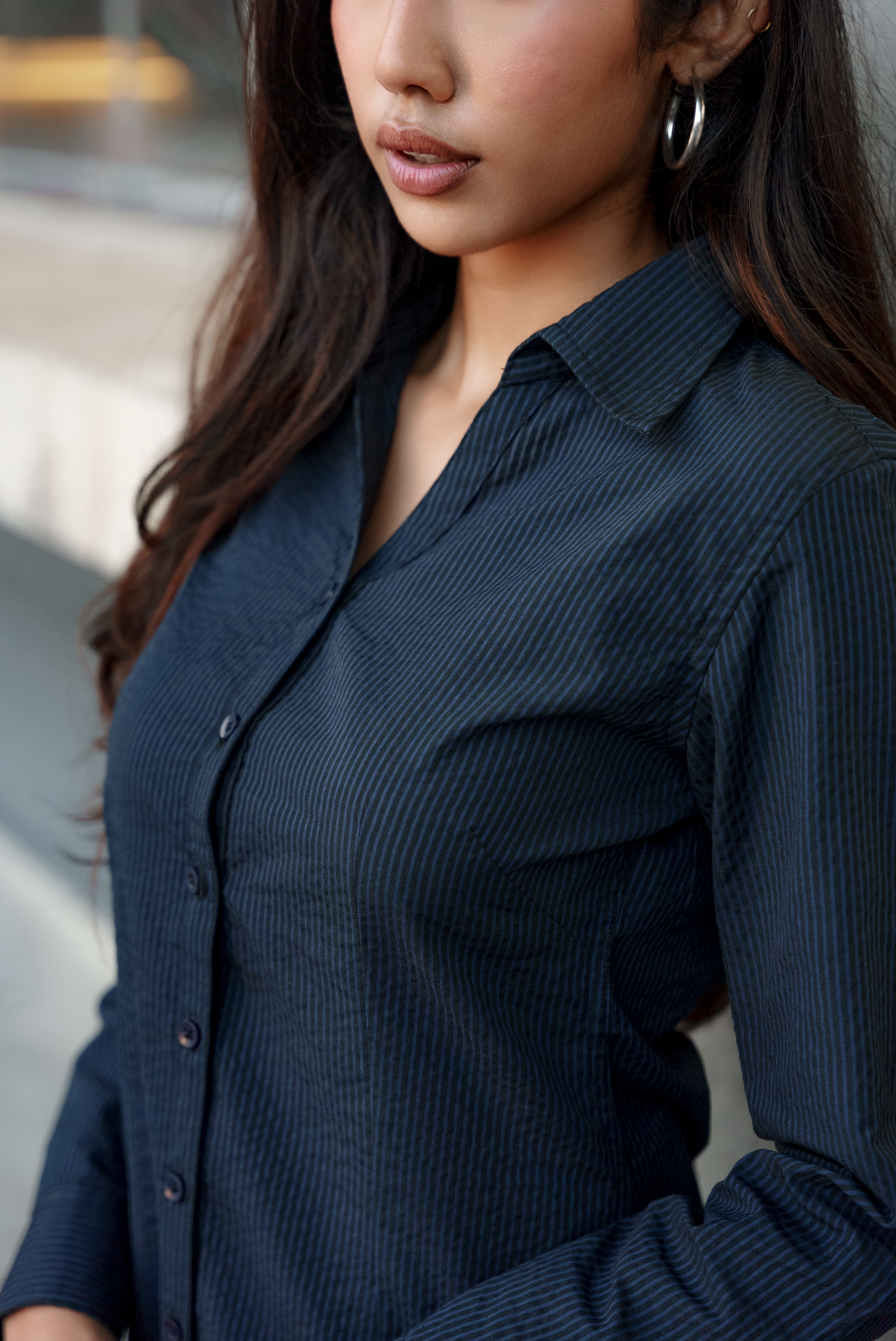 Fitted Shirt For Women - Navy and Black Pinstripe