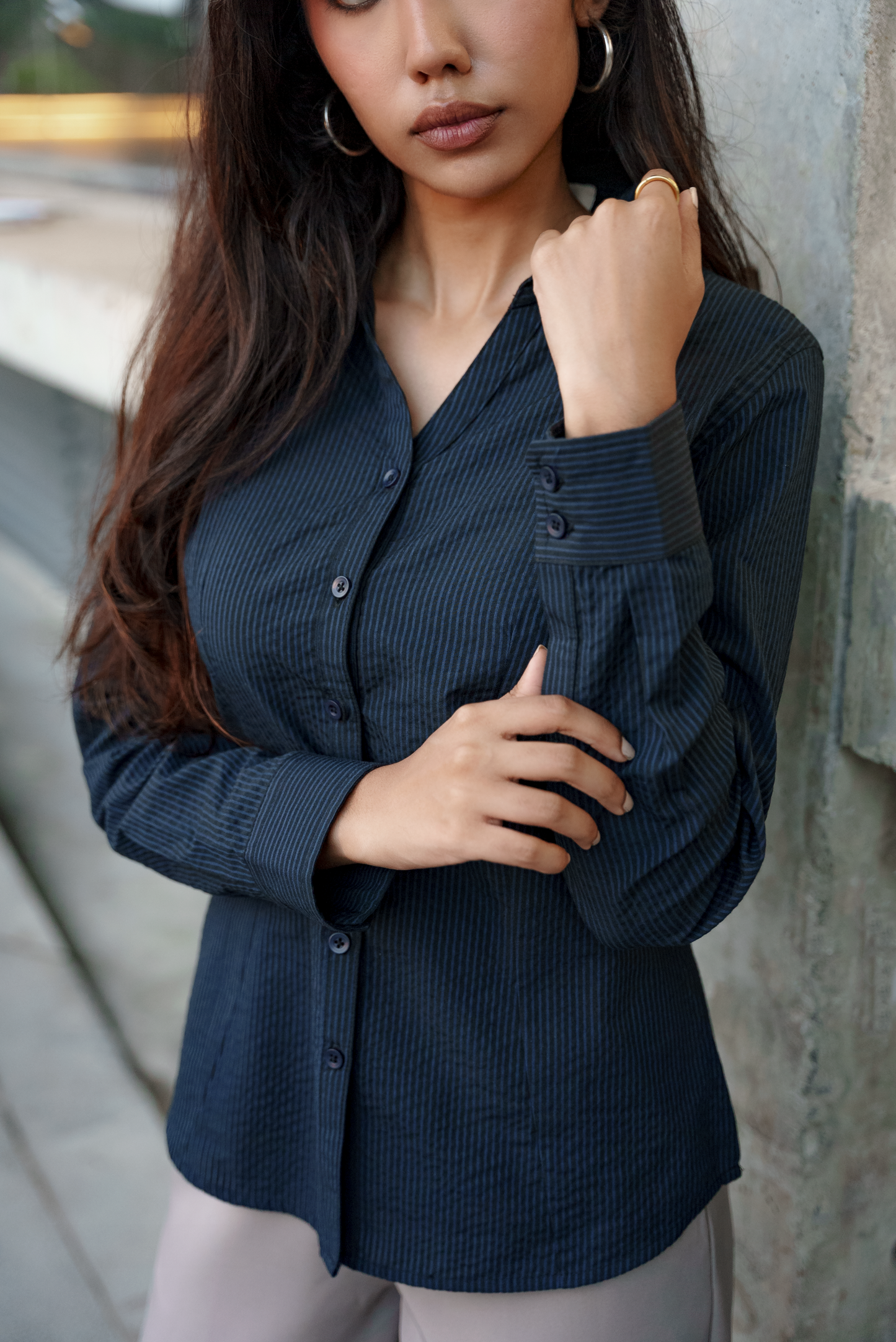 Fitted Shirt For Women - Navy and Black Pinstripe