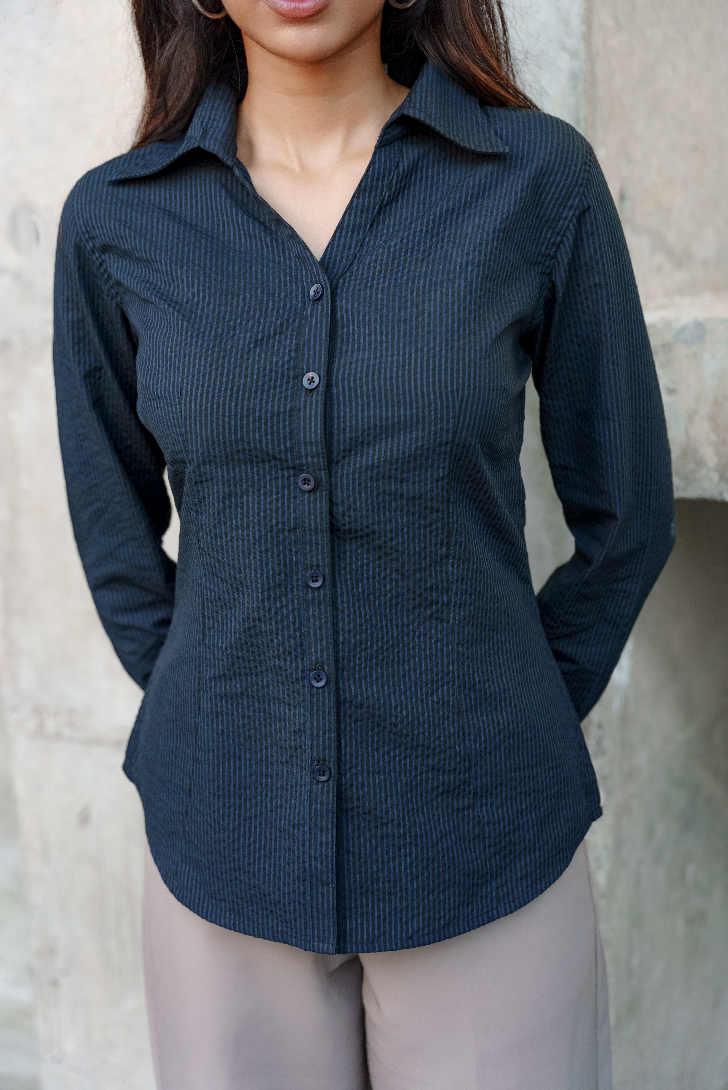 Fitted Shirt For Women - Navy and Black Pinstripe