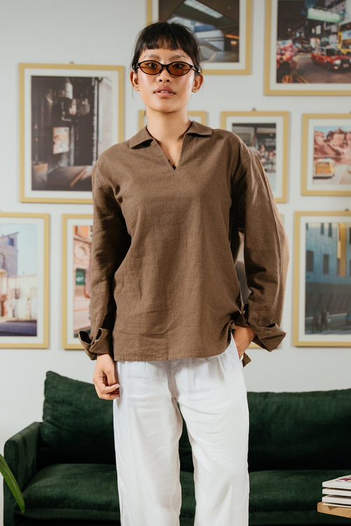 The Amalfi Shirt - Linen Effect V-Placket - Wood Brown - Unisex