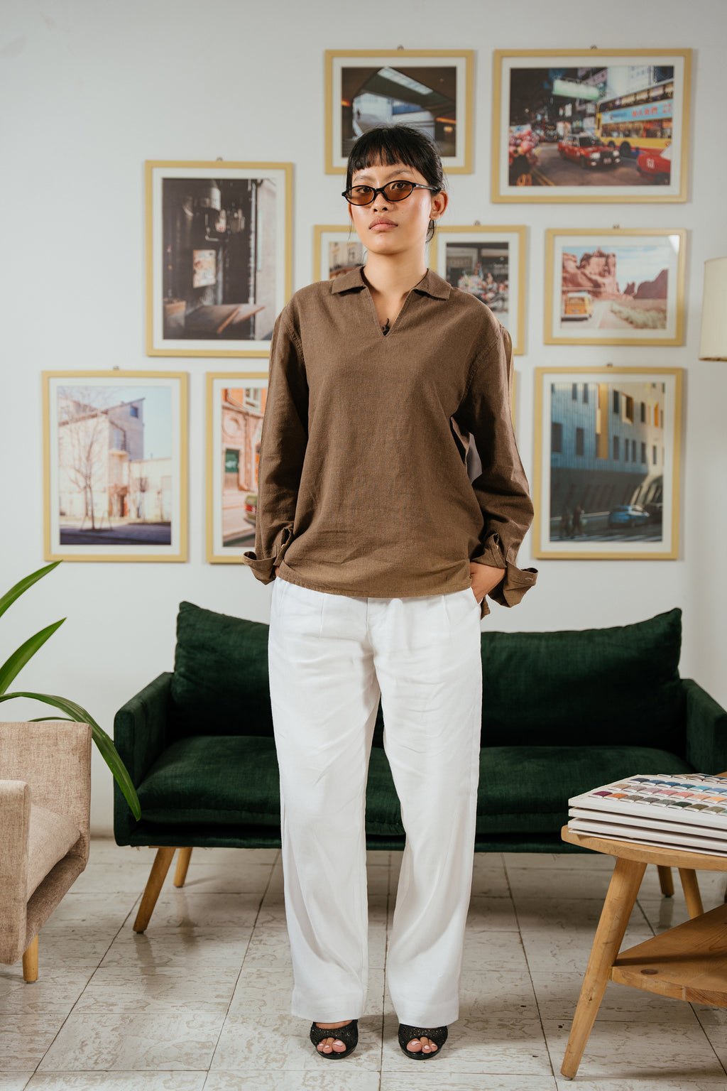 Amalfi Popover Shirt - Linen Effect V-Placket - Wood Brown - Unisex
