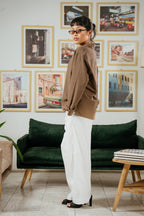 Amalfi Popover Shirt - Linen Effect V-Placket - Wood Brown - Unisex