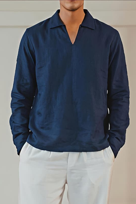 The Amalfi Shirt - Linen Effect V-Placket For Men - Navy