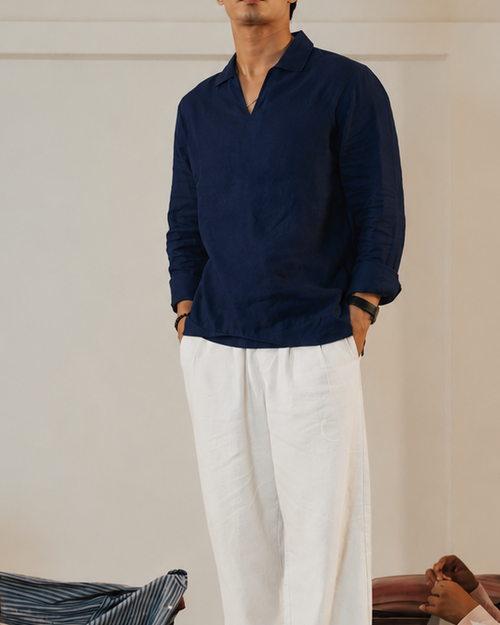 The Amalfi Shirt - Linen Effect V-Placket For Men - Navy