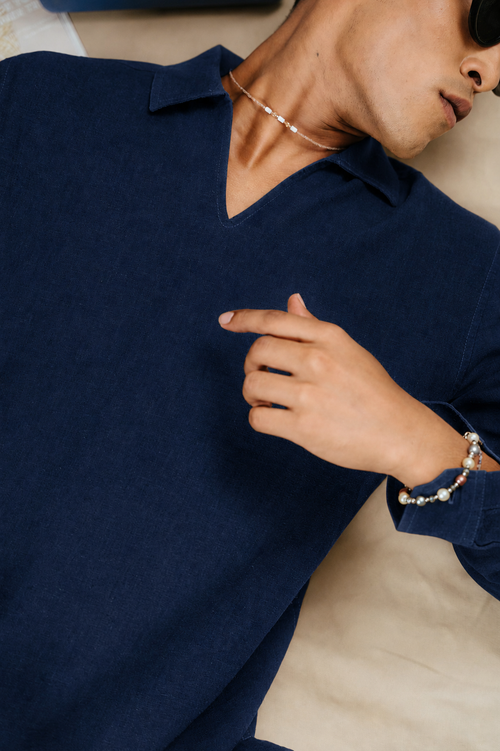 The Amalfi Shirt - Linen Effect V-Placket For Men - Navy