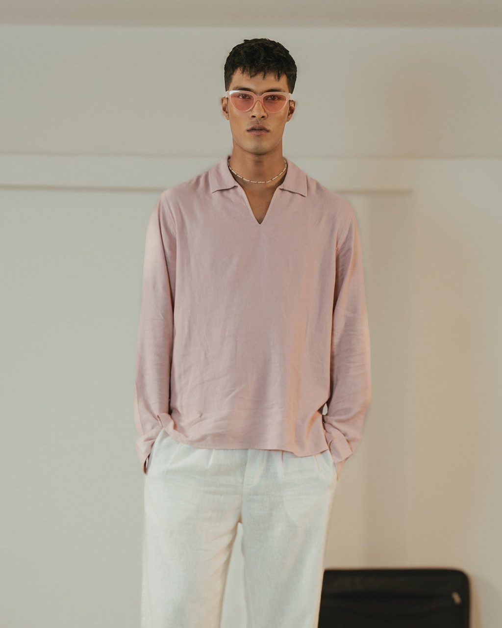 The Amalfi Shirt - Linen Effect V-Placket For Men - Pink