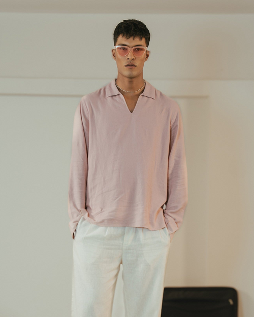 The Amalfi Shirt - Linen Effect V-Placket For Men - Pink