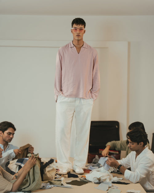 The Amalfi Shirt - Linen Effect V-Placket For Men - Pink