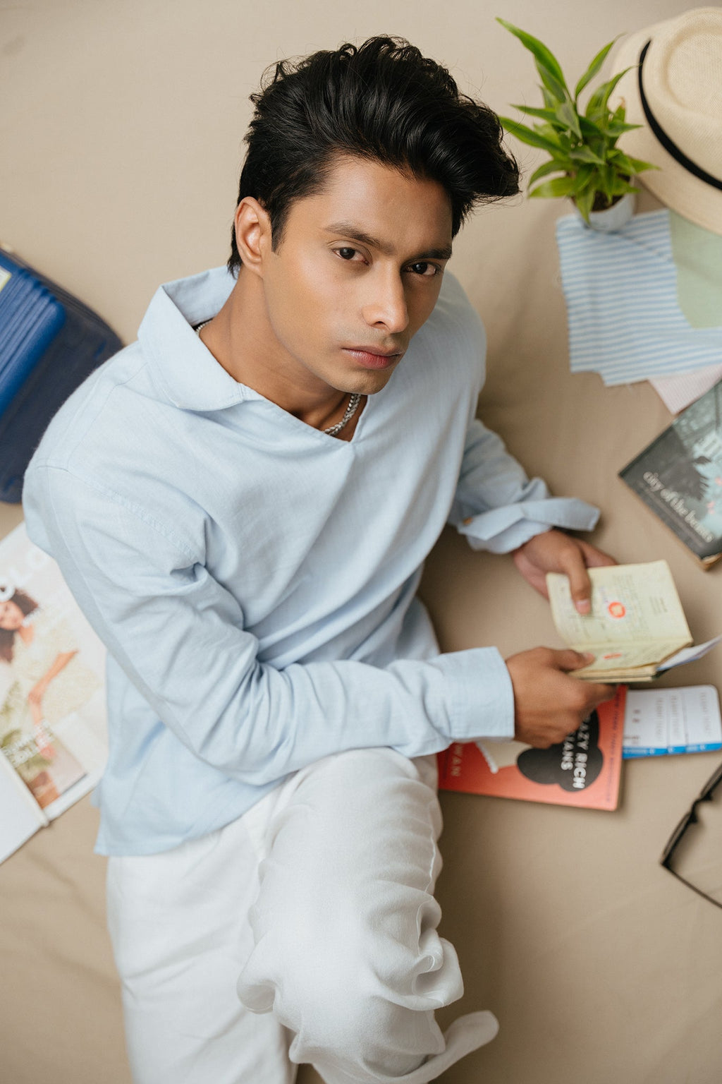 পুরুষদের জন্য লম্বা হাতা শার্ট - জলপাই সাদা স্ট্রাইপ 