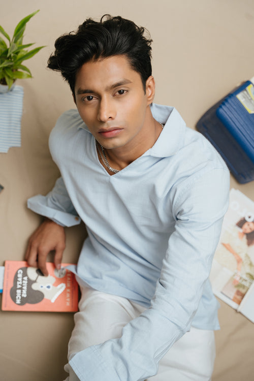 The Amalfi Shirt - Linen Effect V-Placket For Men - Sky Blue
