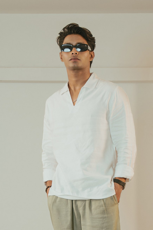 The Amalfi Shirt - Linen Effect V-Placket For Men - White