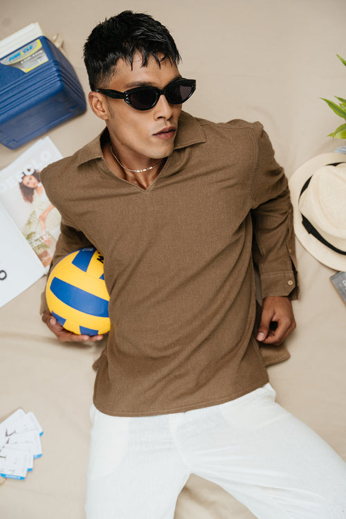 The Amalfi Shirt - Linen Effect V-Placket For Men - Wood Brown