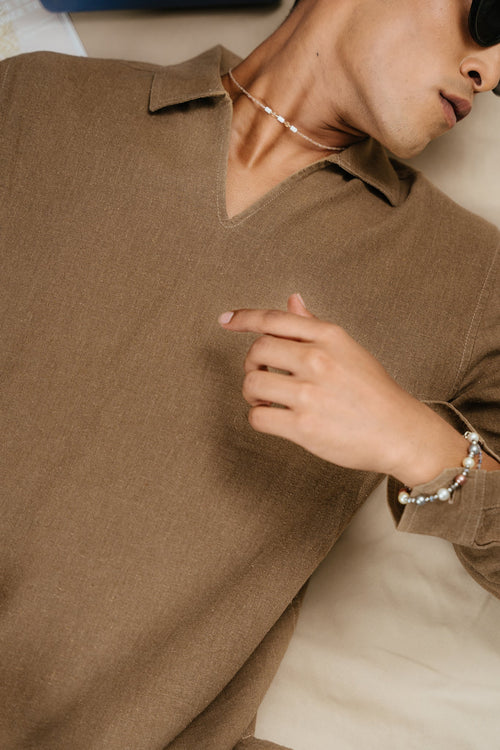 The Amalfi Shirt - Linen Effect V-Placket For Men - Wood Brown2