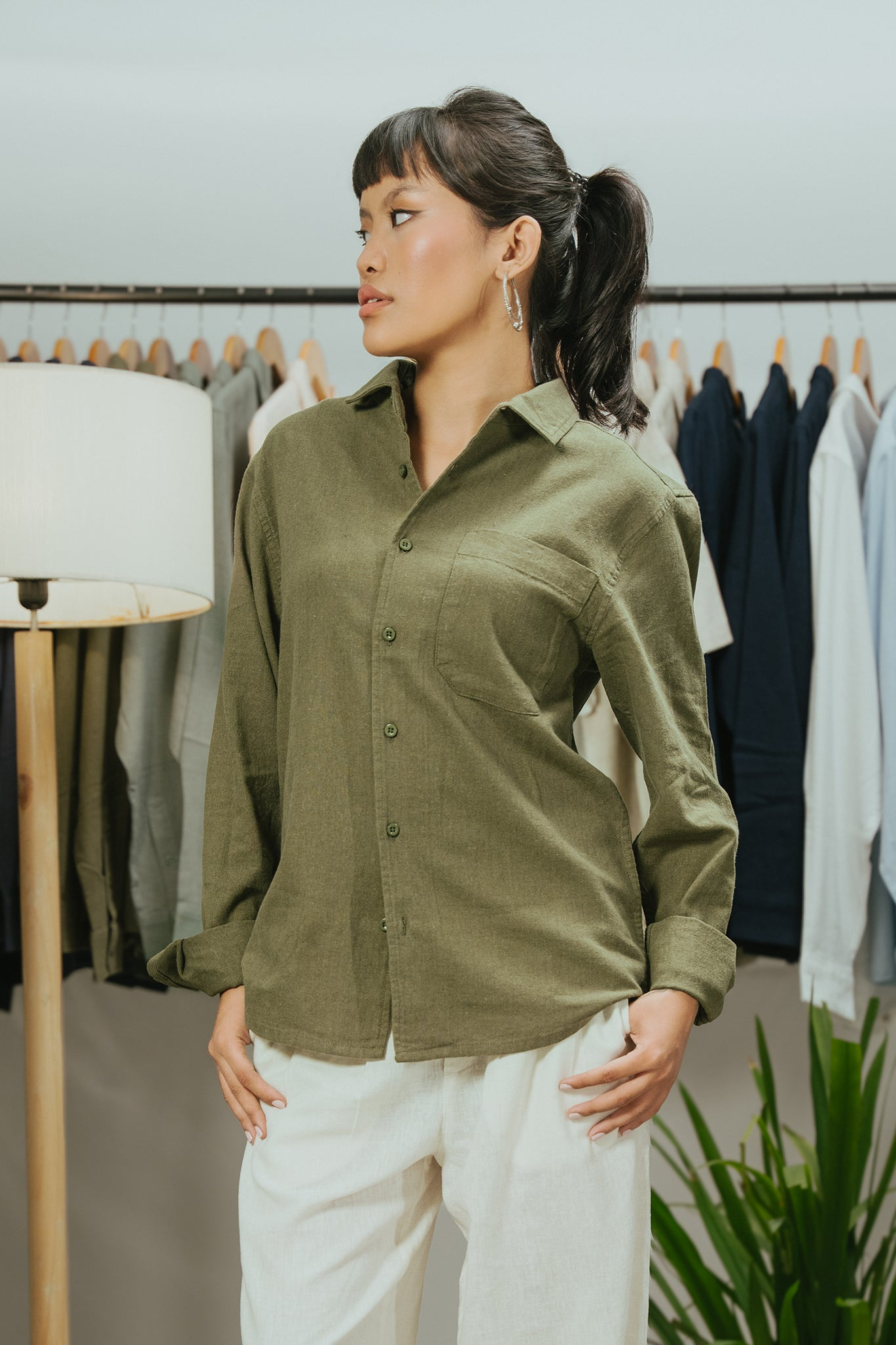 The European Collar - Linen - Long Sleeve Shirt - Dark Olive - Unisex