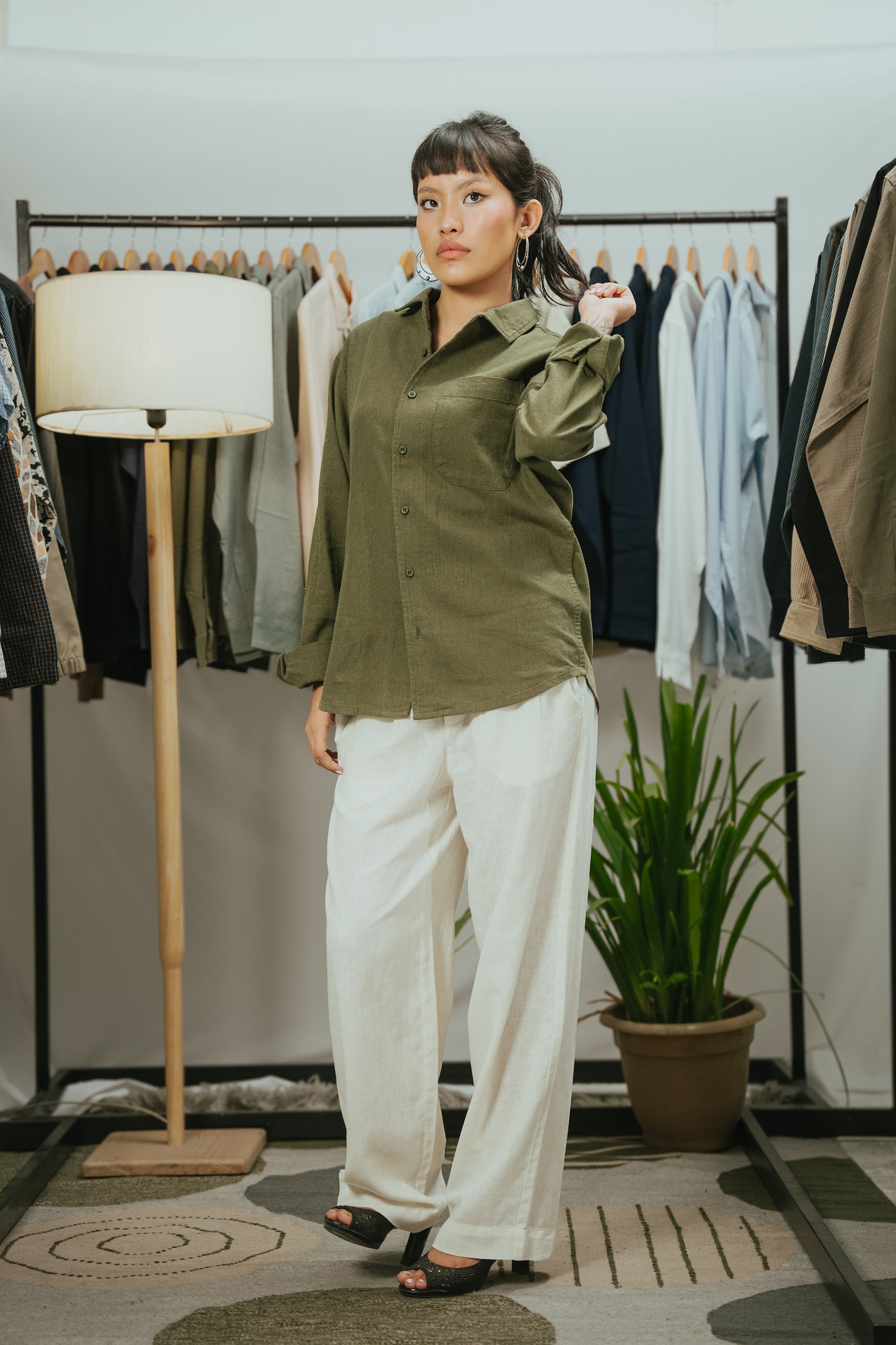 The European Collar - Linen - Long Sleeve Shirt - Dark Olive - Unisex
