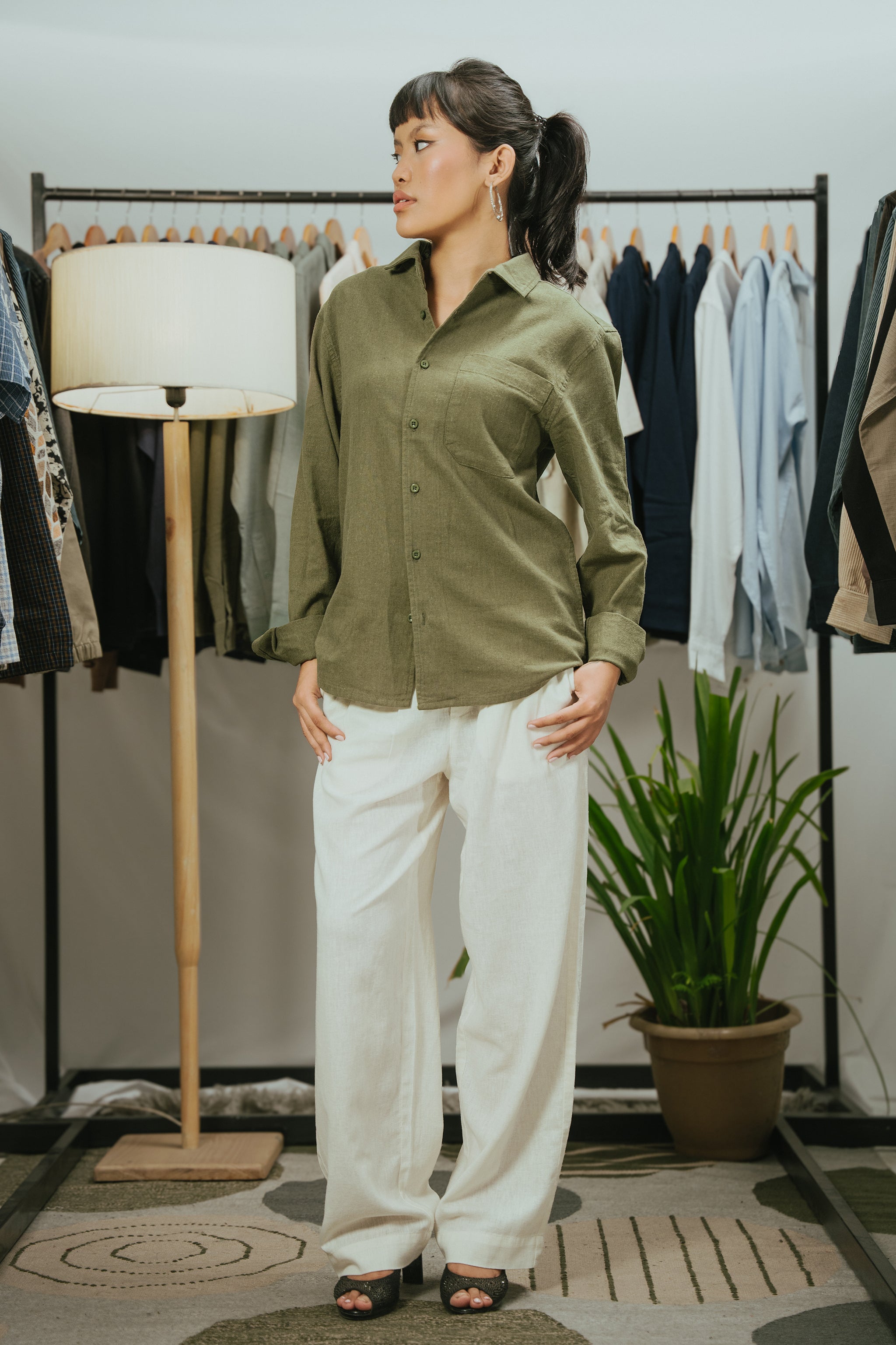 The European Collar - Linen - Long Sleeve Shirt - Dark Olive - Unisex