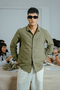 The European Collar - Linen - Long Sleeve Shirt For Men - Dark Olive