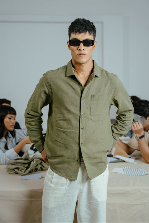 The European Collar - Linen - Long Sleeve Shirt For Men - Dark Olive