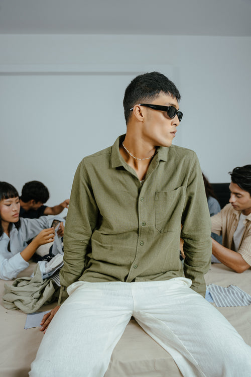 The European Collar - Linen - Long Sleeve Shirt For Men - Dark Olive