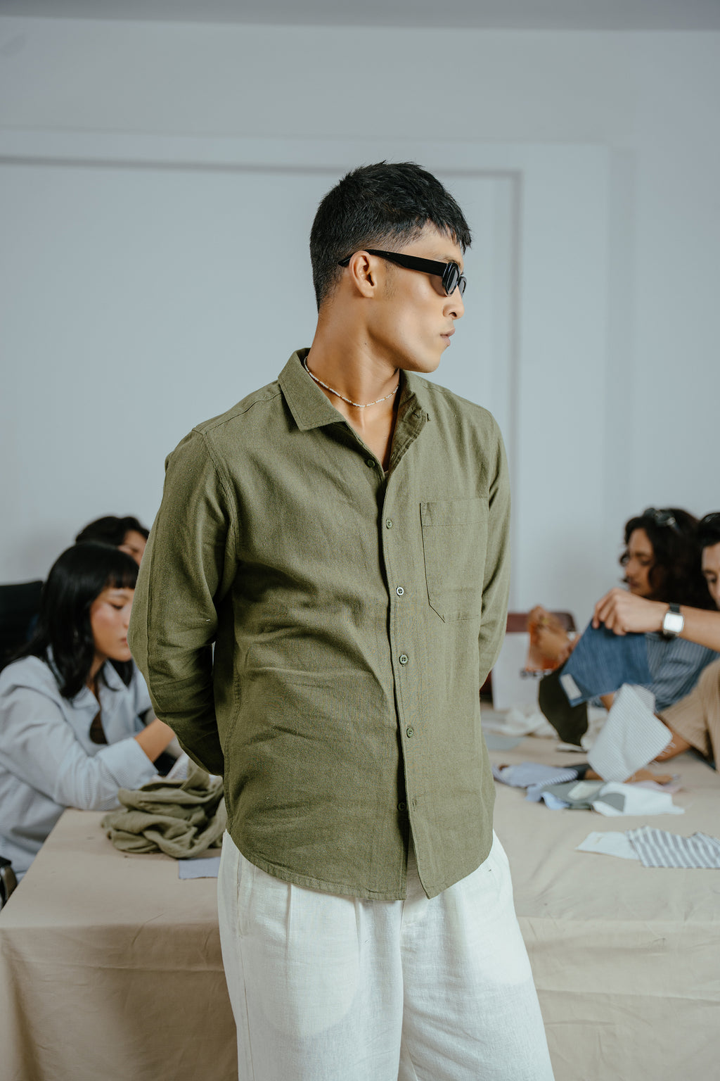 The European Collar - Linen - Long Sleeve Shirt For Men - Dark Olive