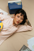 The European Collar - Linen Effect - Long Sleeve Shirt - Peach & White Stripe - Unisex