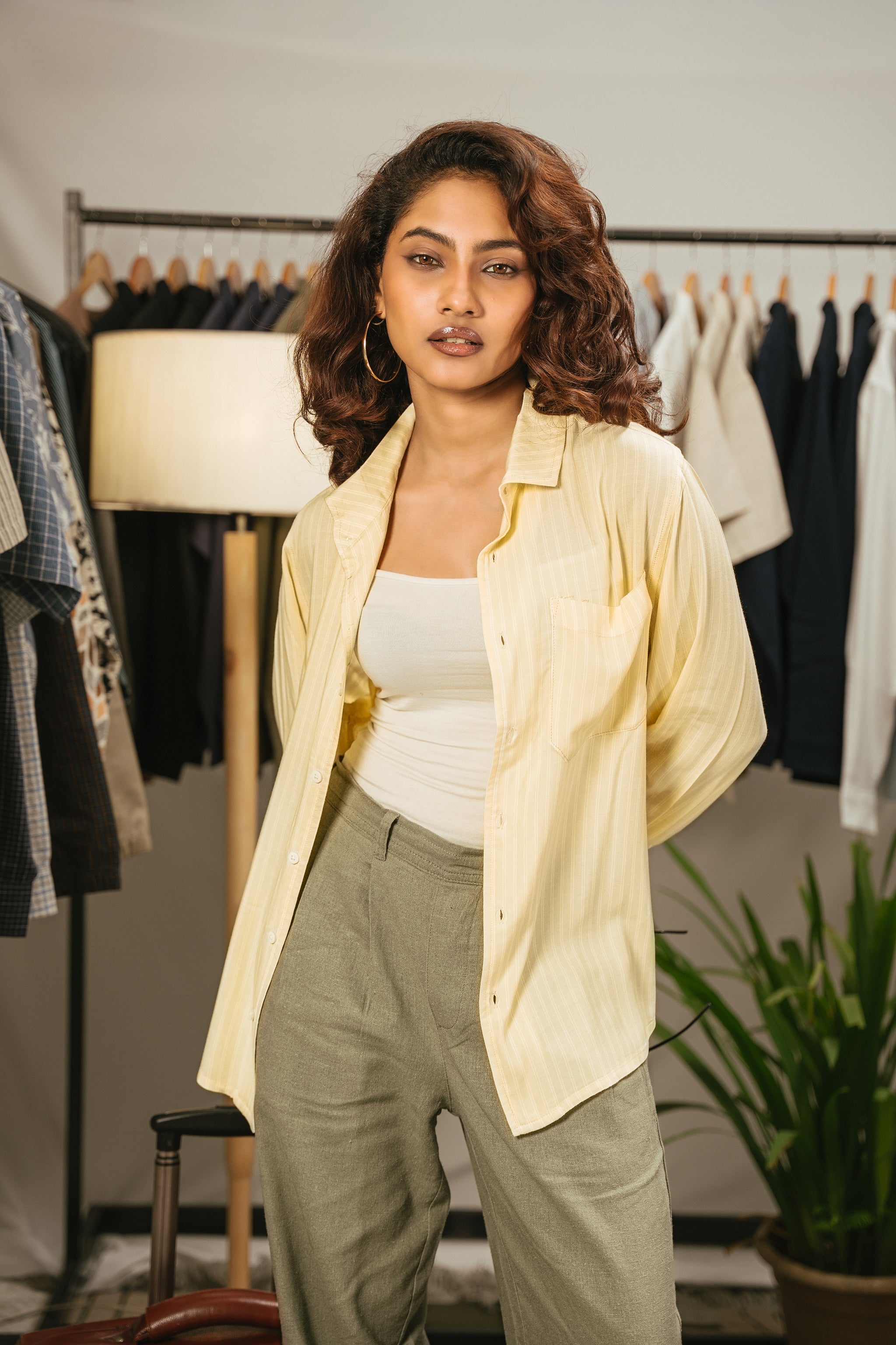 The European Collar - Linen Effect - Long Sleeve Shirt - Yellow & White Stripe - Unisex