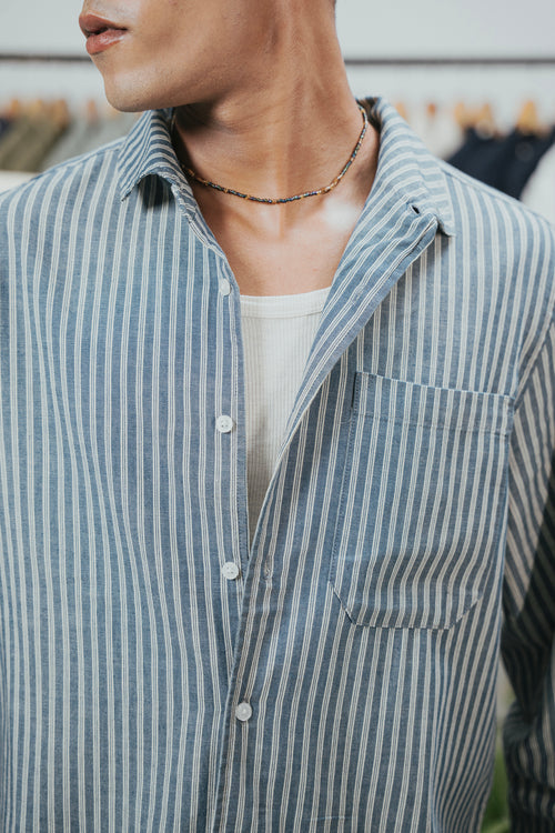 The European Collar - Linen Effect - Long Sleeve Shirt For Men - Deep Blue and White Thick Stripe