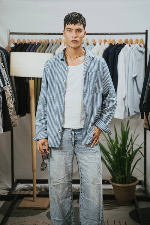 The European Collar - Linen Effect - Long Sleeve Shirt For Men - Deep Blue and White Thick Stripe