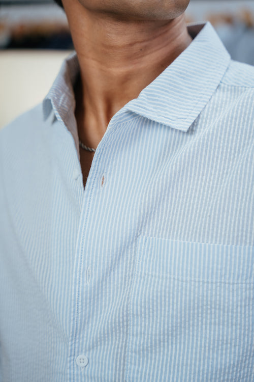 The European Collar - Linen Effect - Long Sleeve Shirt For Men - Light Blue and White Thin Stripe