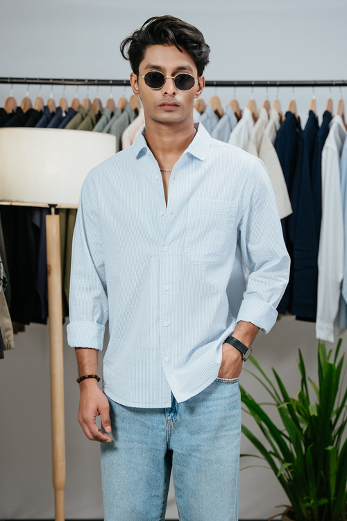 The European Collar - Linen Effect - Long Sleeve Shirt For Men - Light Blue and White Thin Stripe