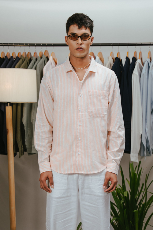 The European Collar - Linen Effect - Long Sleeve Shirt For Men - Peach & White Stripe