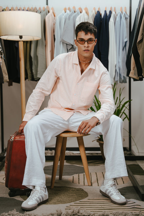 The European Collar - Linen Effect - Long Sleeve Shirt For Men - Peach & White Stripe