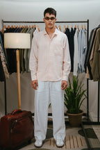 The European Collar - Linen Effect - Long Sleeve Shirt For Men - Peach & White Stripe