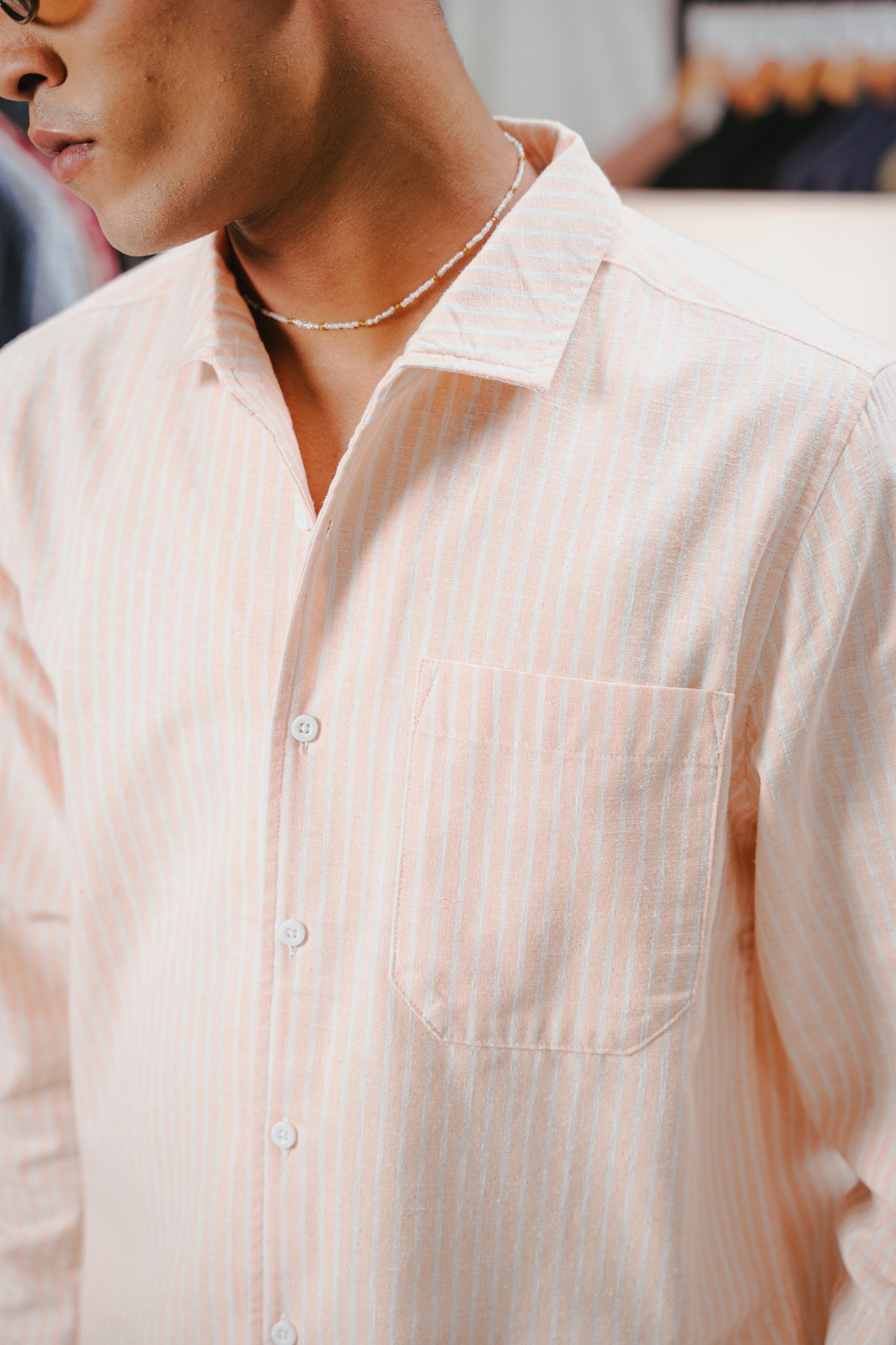 The European Collar - Linen Effect - Long Sleeve Shirt For Men - Peach & White Stripe