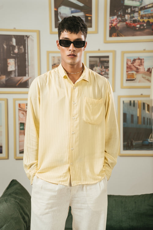 The European Collar - Linen Effect - Long Sleeve Shirt For Men - Yellow & White Stripe