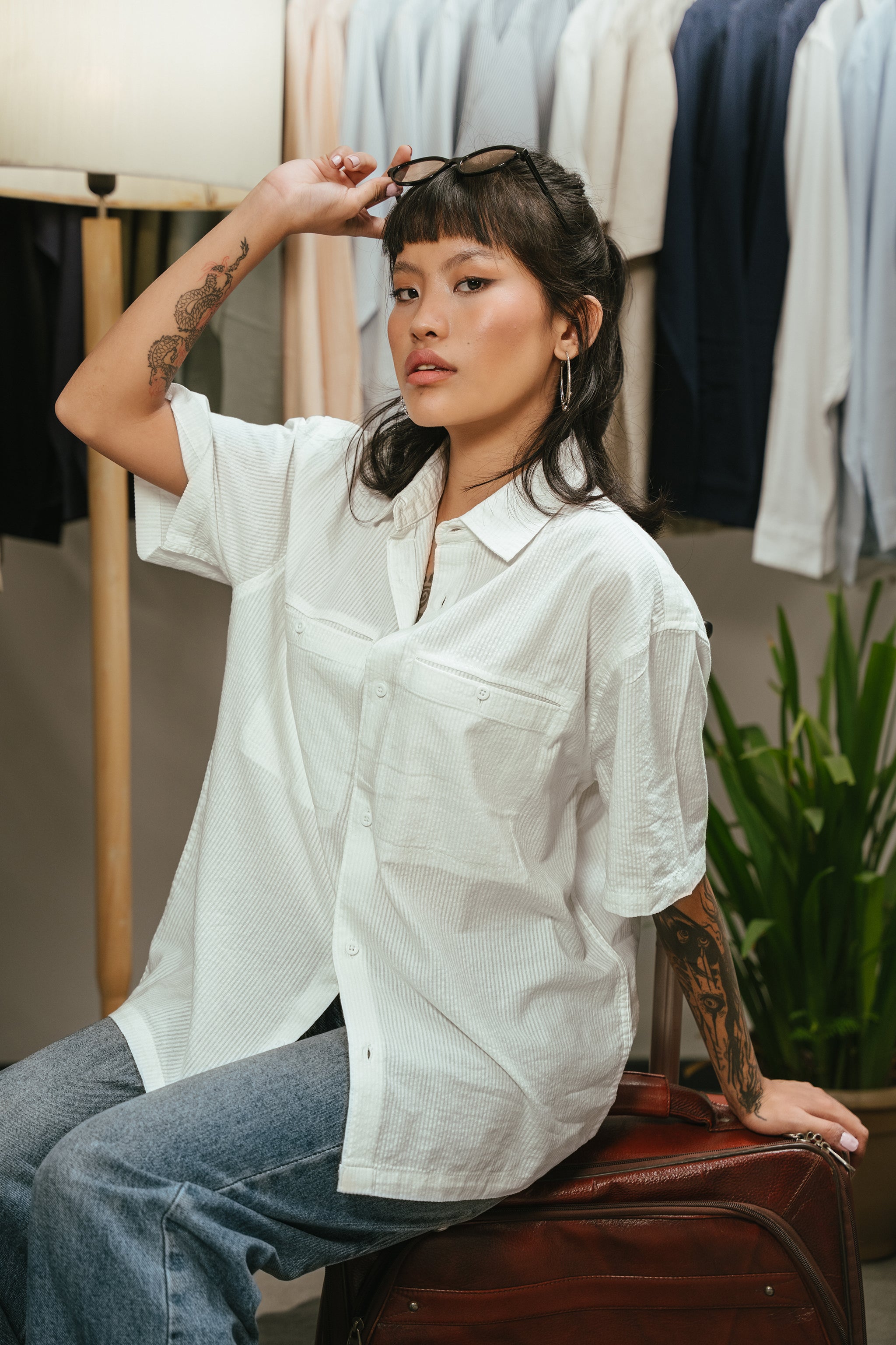 The Porter Shirt - Half Sleeve Boxy Shirt - Cloud White Stripe - Unisex