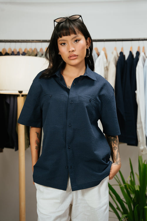 The Porter Shirt - Half Sleeve Boxy Shirt - Midnight Blue Stripe - Unisex