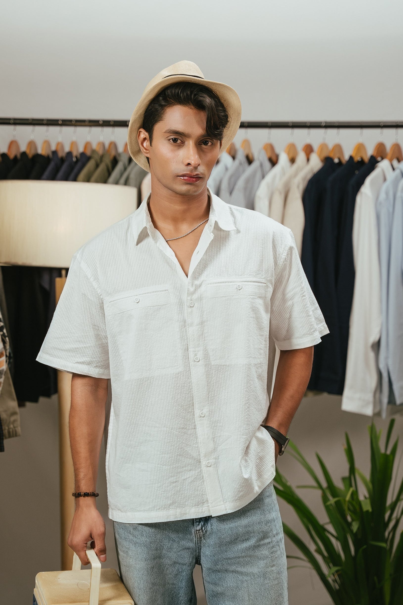 The Porter Shirt - Half Sleeve Boxy Shirt For Men - Cloud White Stripe