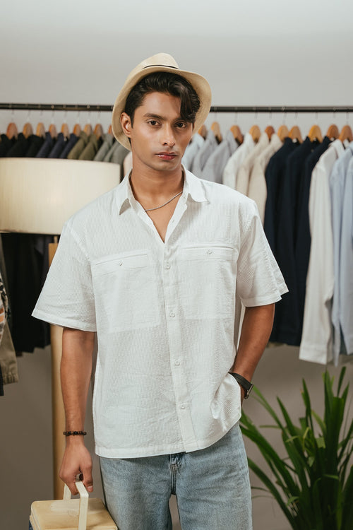 The Porter Shirt - Half Sleeve Boxy Shirt For Men - Cloud White Stripe