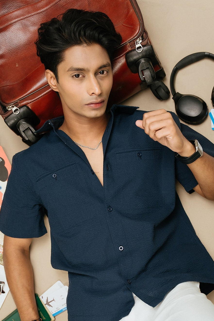 The Porter Shirt - Half Sleeve Boxy Shirt For Men - Midnight Blue Stripe