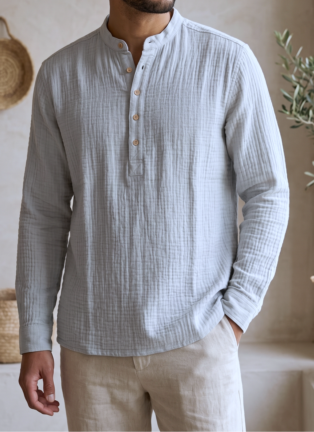 Waffle Henley Katua For Men - Light Blue