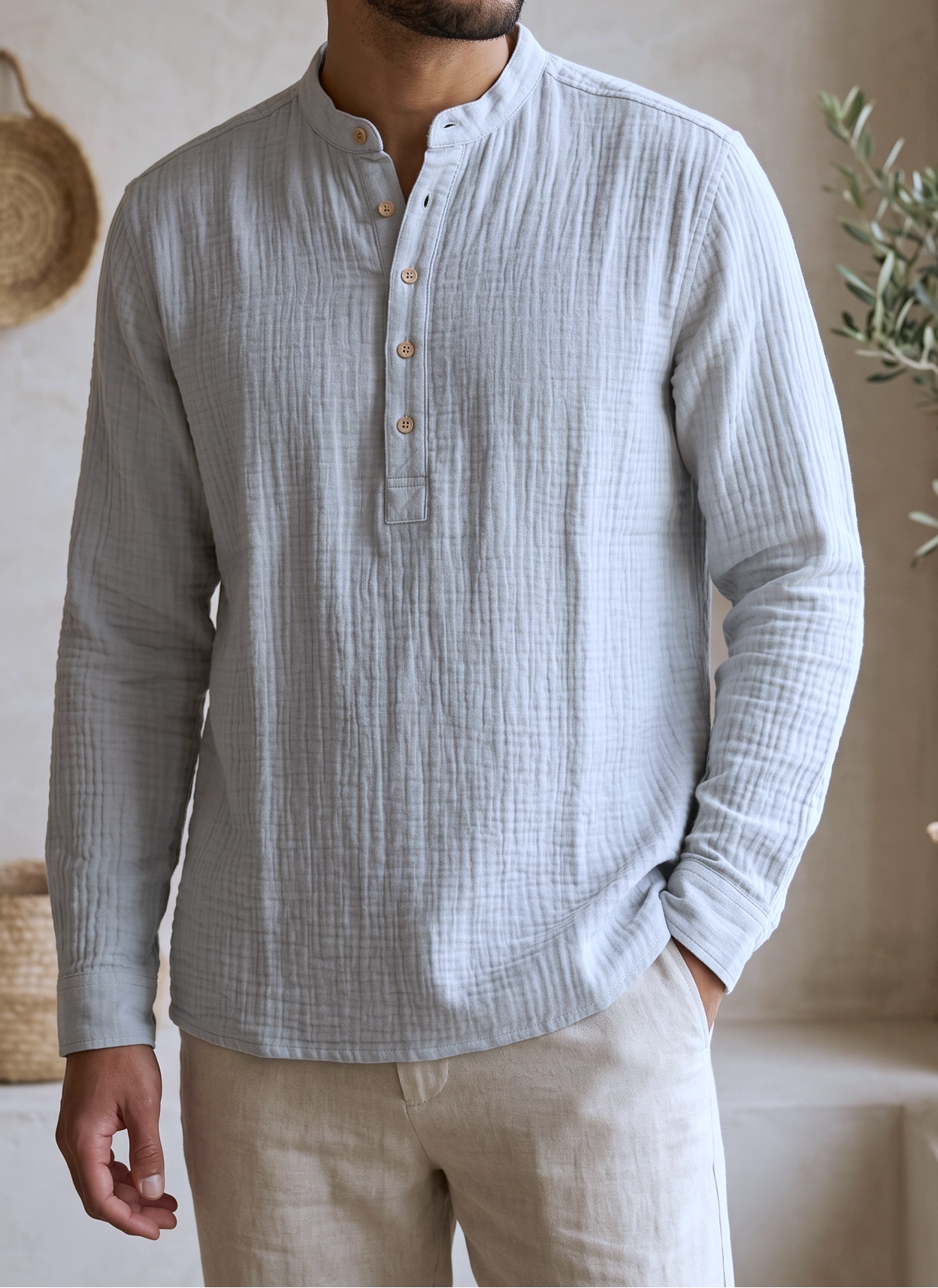 Waffle Henley Katua For Men - Light Blue